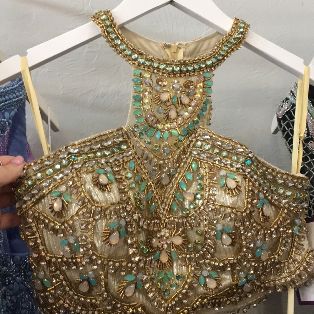 two piece gold prom dress designer new